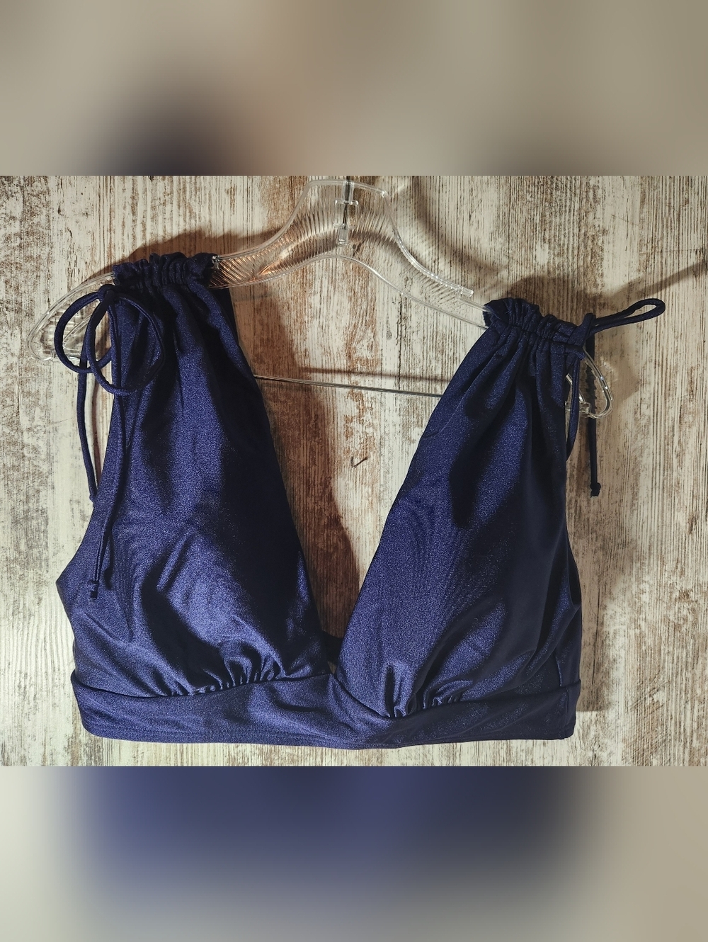 Time and Tru Dark Navy Triangle Swim Bikini Top Size L 12-14 Tie Bow Accents